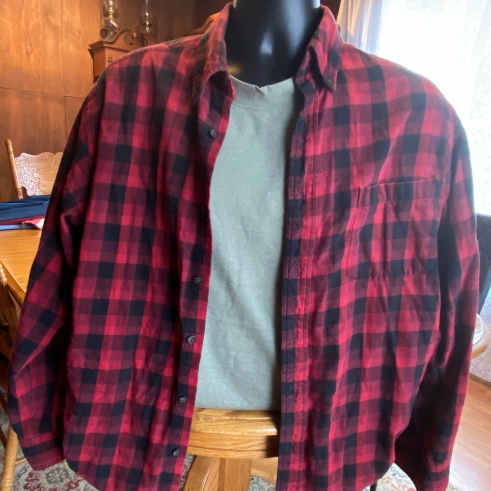 St. John’s Bay cotton flannel Red and Black Button Down shirt. Outdoor camping.